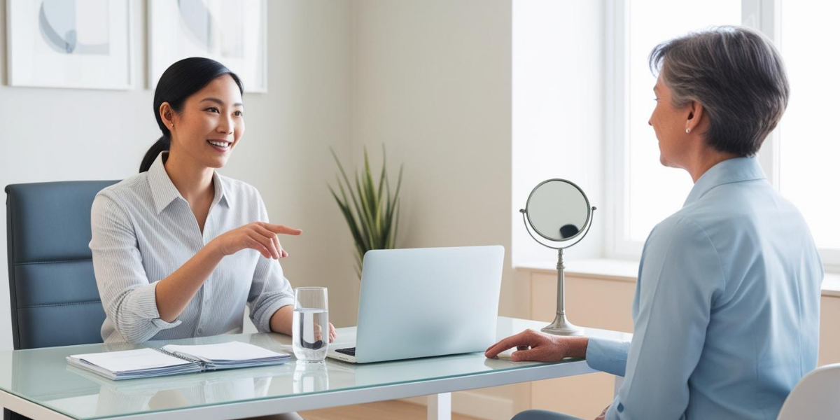 uma fonoaudióloga atendendo um paciente adulto (mulher ou homem) em um consultório moderno.A profissional está com o paciente à frente, analisando sua voz com a ajuda de um laptop ou tablet.