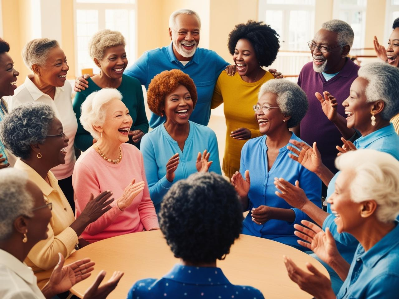 Grupo de idosos participando de roda de conversa ou coral comunitário.