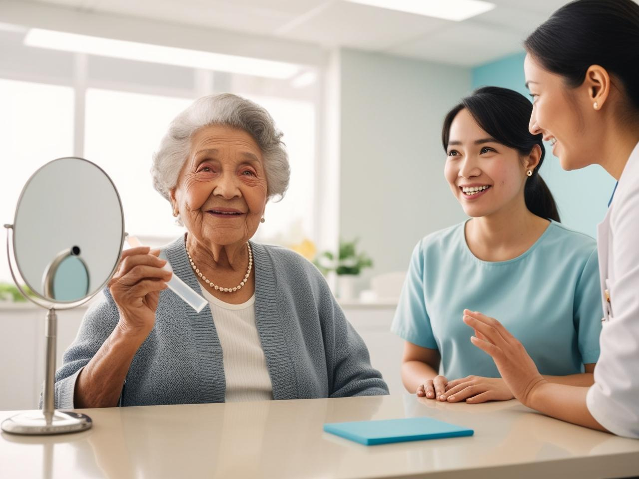 Senhora idosa fazendo exercícios vocais com a ajuda de uma fonoaudióloga