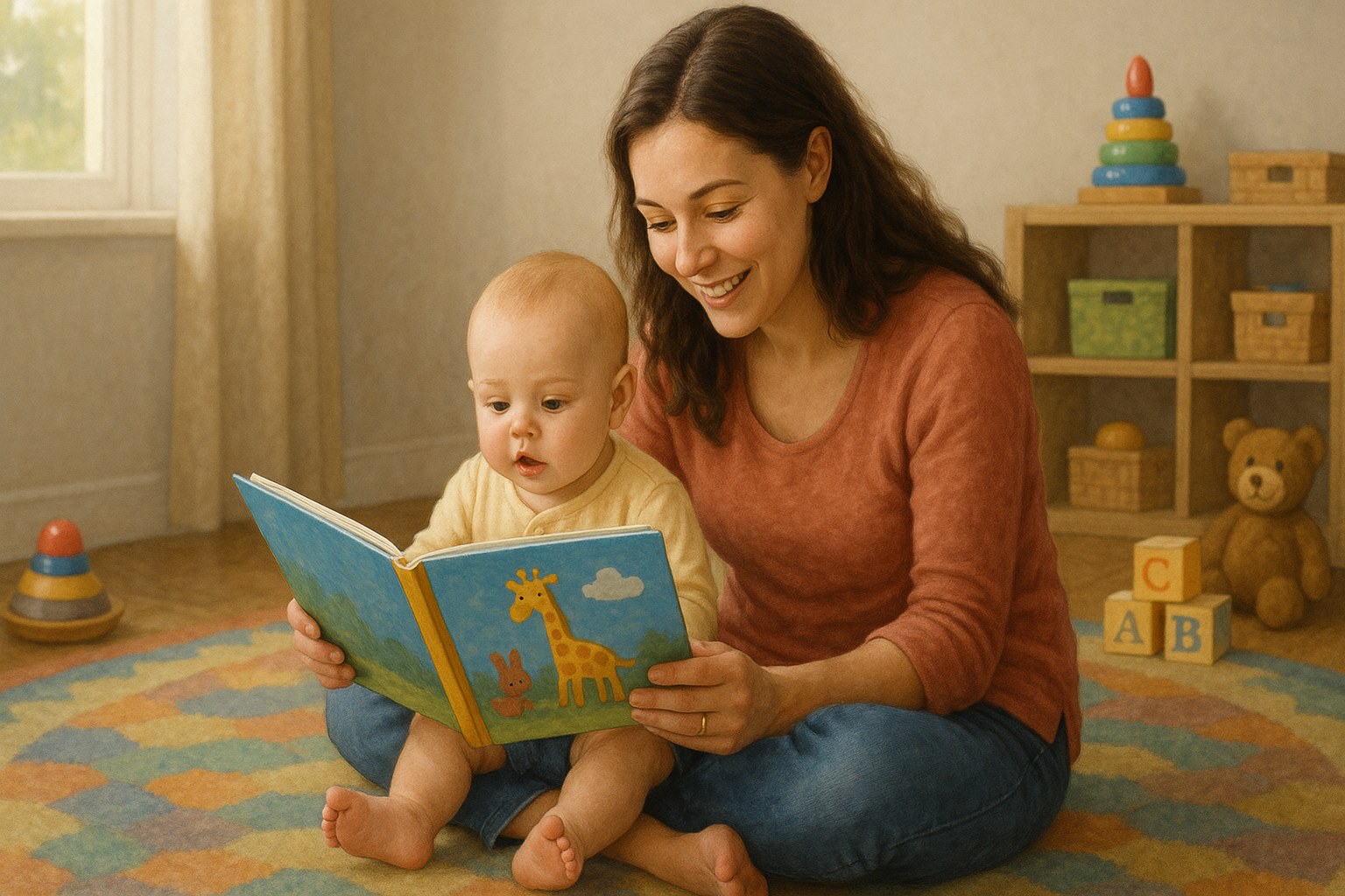 Mãe sentada em tapete colorido lendo livro infantil para seu bebê de 8 meses em ambiente acolhedor, com brinquedos ao fundo.