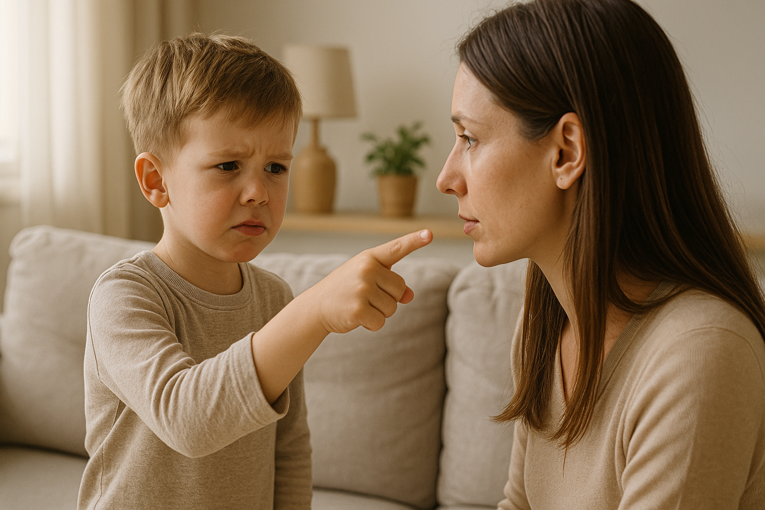 Menino de 5 anos aponta com o dedo para a mãe em uma sala de estar iluminada, com expressão de frustração leve no rosto, enquanto a mãe o observa com atenção.