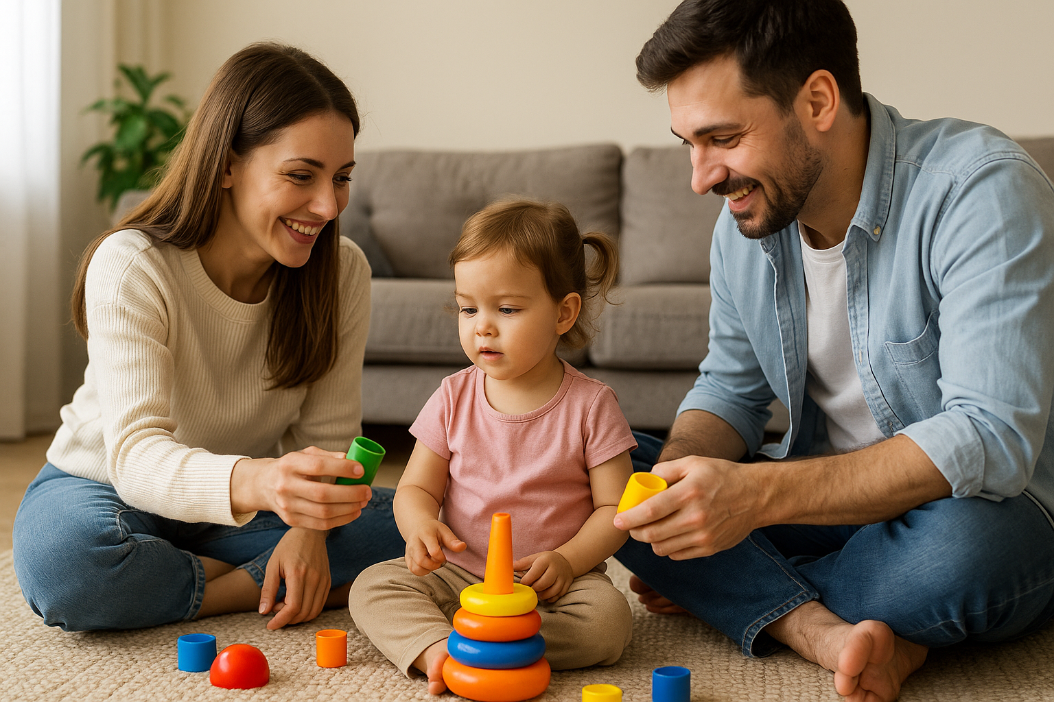 Pais interagindo com filha de dois anos em ambiente acolhedor, com brinquedos coloridos e foco no desenvolvimento da fala.