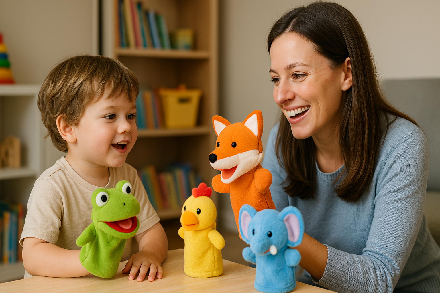Criança brincando com fantoches ao lado de um adulto, em atividade que estimula a linguagem infantil de forma lúdica e divertida. (Imagem gerada por IA)
