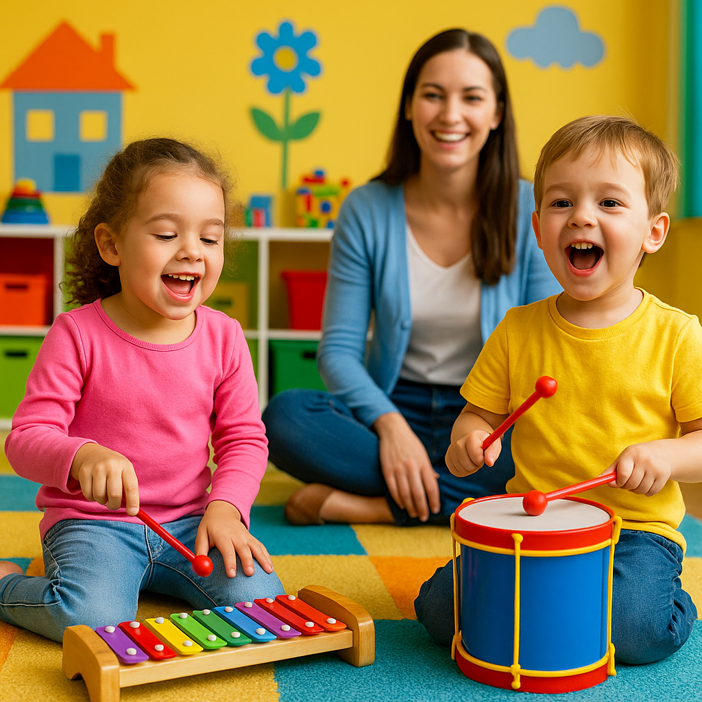 Duas crianças pequenas tocando xilofone e tambor em uma sala de aula colorida, com professora sorridente ao fundo, em atividade que estimula a linguagem infantil por meio da música.