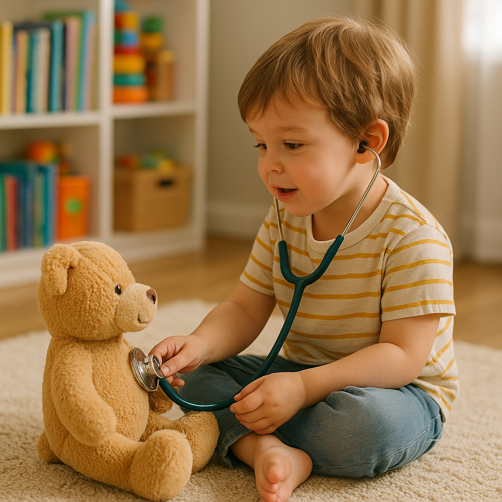 Menino pequeno usando estetoscópio enquanto brinca de médico com um ursinho de pelúcia, sentado em um tapete em ambiente doméstico com brinquedos ao fundo.
