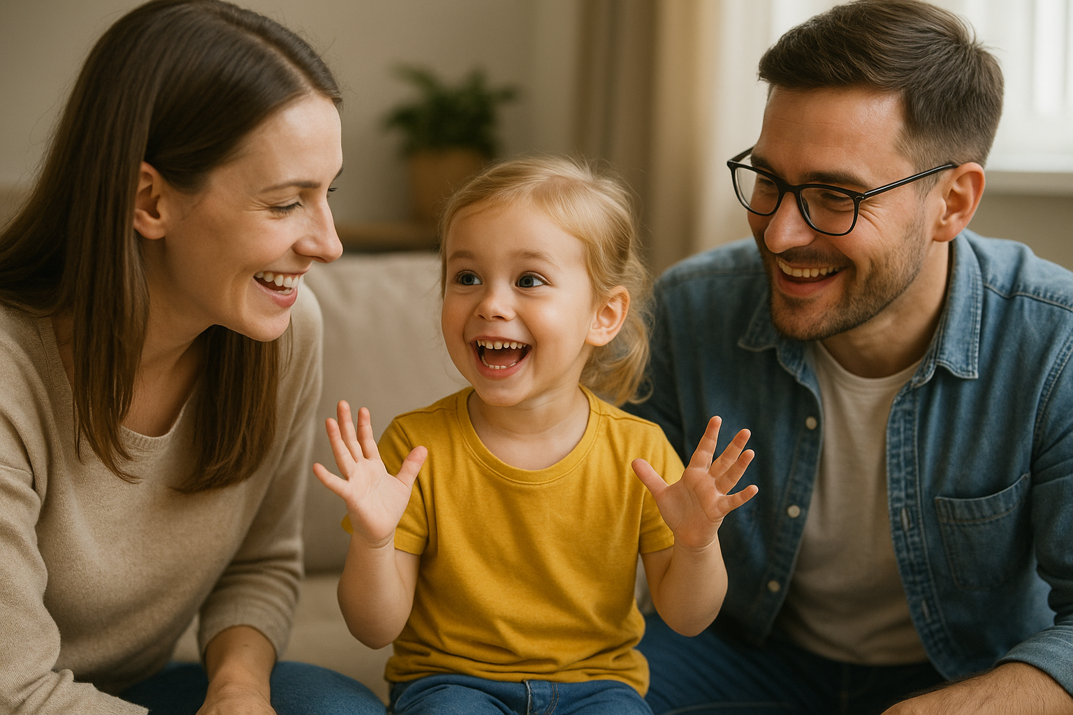 Criança de 4 anos sorridente contando algo para os pais, com gestos animados e expressão verbal clara.