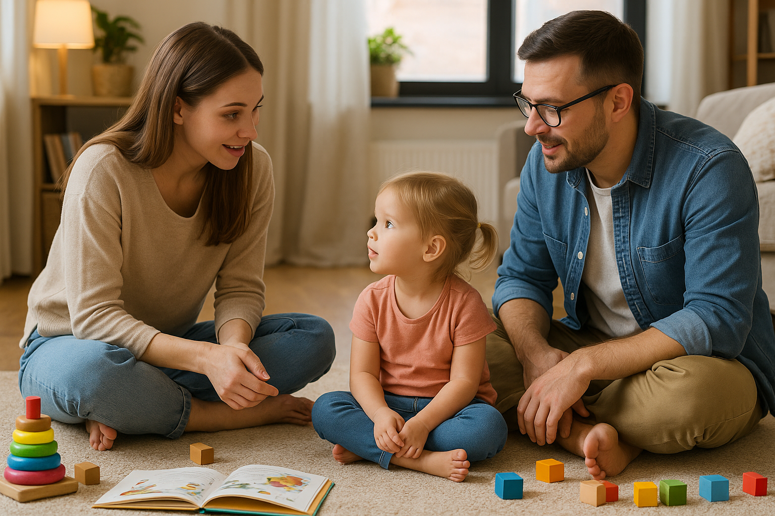 Mãe e pai conversando com uma criança pequena sentada no chão, em um ambiente acolhedor, com livros e brinquedos ao redor. (Imagem gerada por IA)