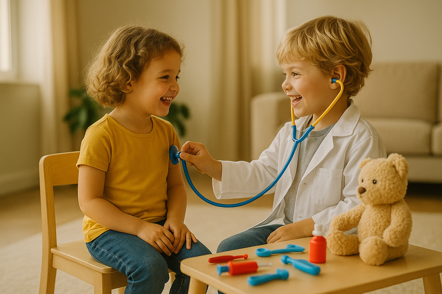 Duas crianças brincando de médico com fantasia e brinquedos, participando de uma dramatização que estimula o vocabulário.