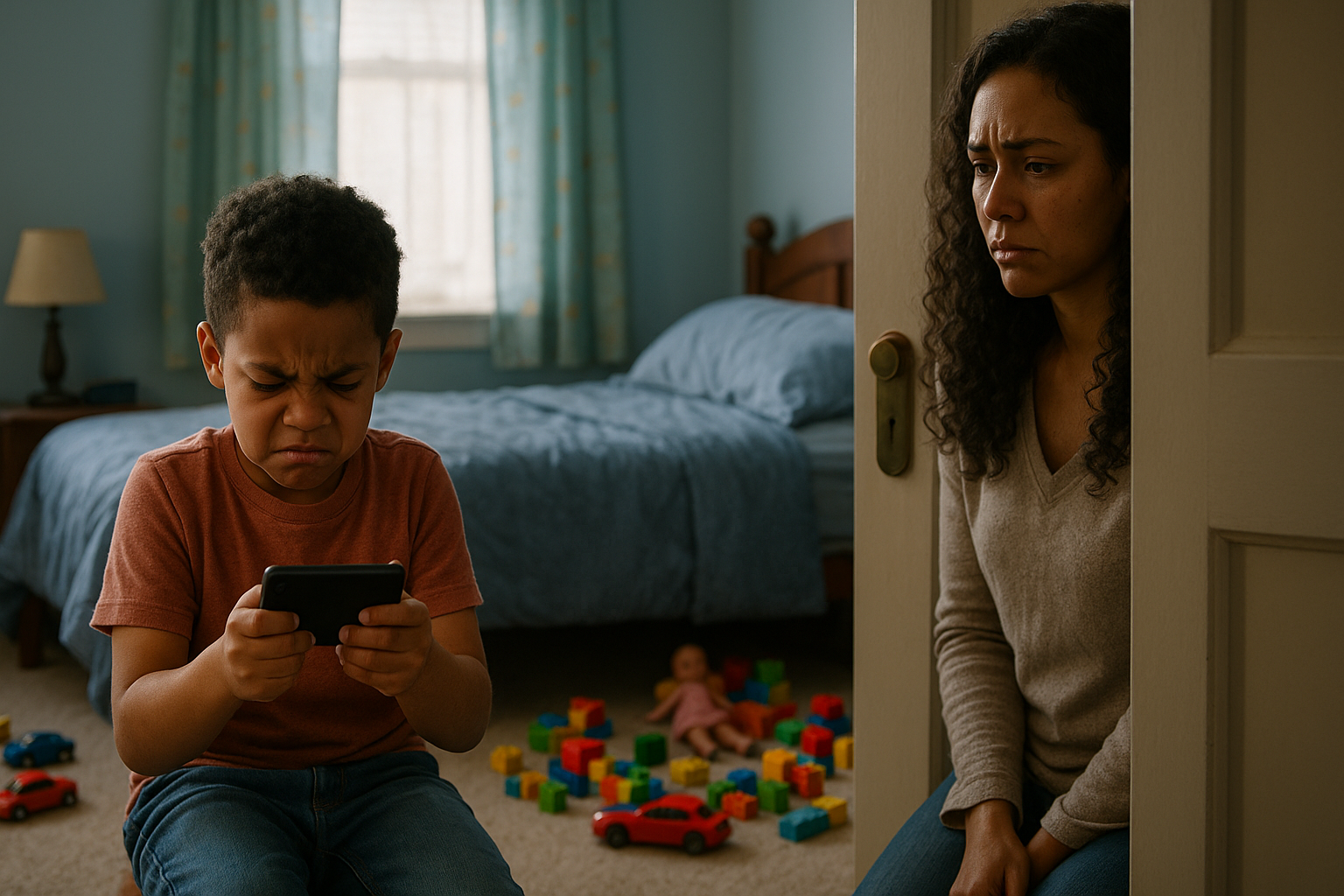 Menino de 6 anos moreno e cacheado irritado com o celular desligado, sentado no quarto, com a mãe morena observando da porta com expressão triste.