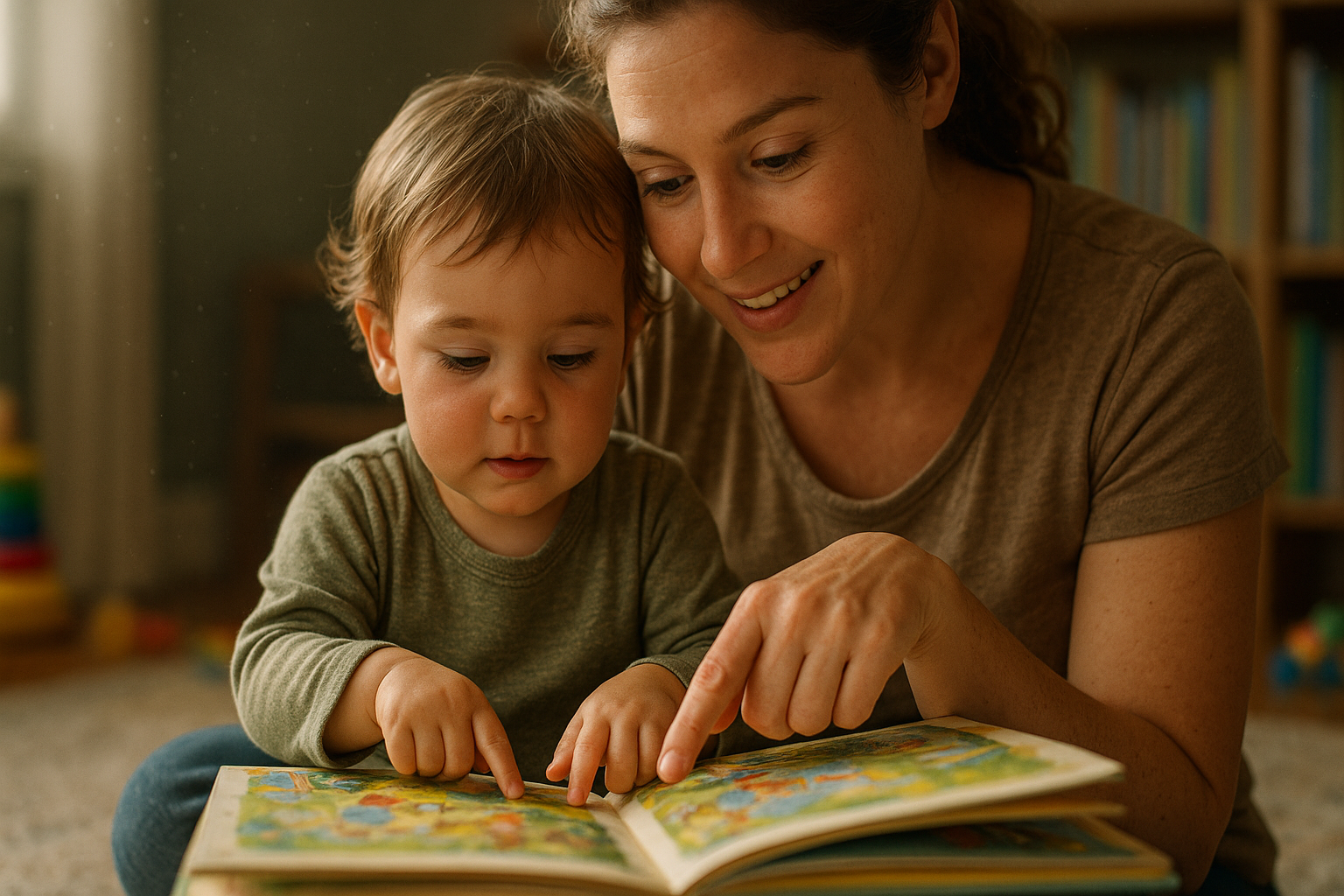 Mãe lendo livro infantil com filho pequeno para estimular linguagem e comunicação